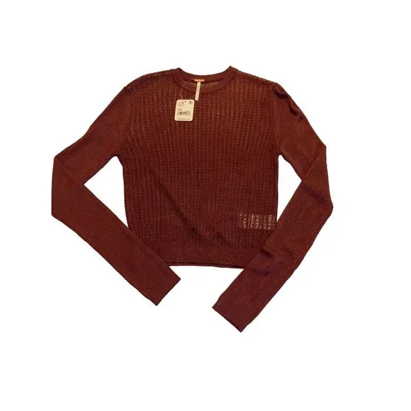 Free People H2O Sheer Knit Top Size Crewneck Pullover Long Sleeve Garnet Large - Picture 4 of 9